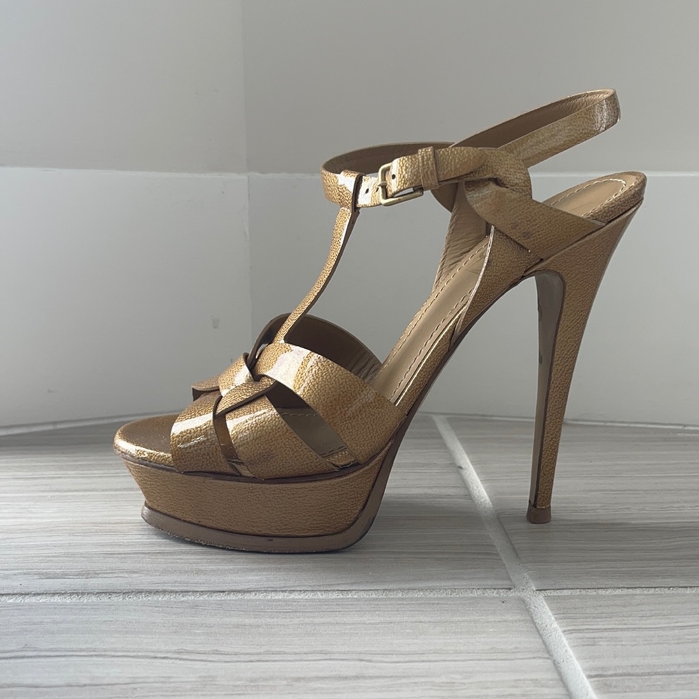 Saint Laurent Tribute Leather T-Strap Gold Sandal